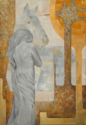 Acrylbild einer Frau in Rückenansicht mit einem  weissen Pferd unter goldenen und silbernen Strukturen, 
      inspiriert duch Epona, die Göttin der Pferde